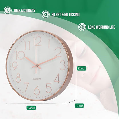 Wall Clock 12 Inch Non-Ticking Silent Modern Simple Style Round Decor Clock Rose Gold Stereoscopic Dial Quartz Wall Clocks for Home/Office/School/Living Room/Bedroom/Kitchen