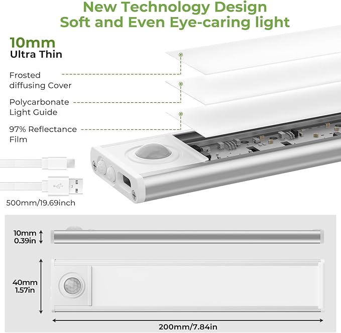 8inch Under Cabinet Lights,60 LED,USB-C 1800mAh Rechargeable Battery,3 Color Temperature,Dimmable,Motion Sensor Cordless Under Counter Light for Wardrobe,Bedroom,Kitchen,Stairs(2pack 3CCT)