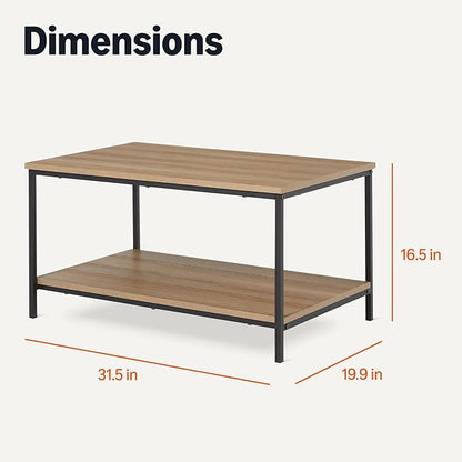 Amazon Basics Rectangular Coffee Table with Bottom Shelf, Living Room Center Table, Wooden, 19.9" D x 31.5" W x 16.5" H