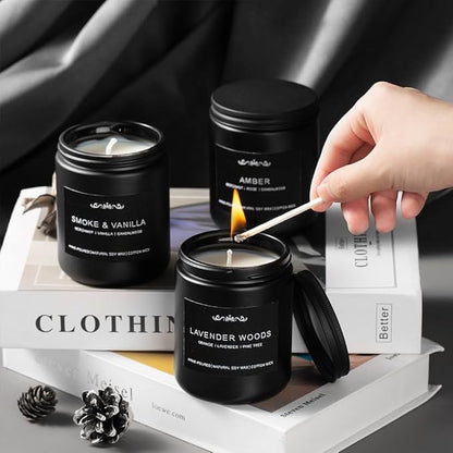 6 Pack Candles for Men - Mens Candle Gift Set, 42oz Scented Candles with Smoke Vanilla/Leather/Oak/Amber/Cardamom/Wood, 300 Hour Burn Time, Soy Candles Non-Toxic for Him, Home Office Man Cave Decor