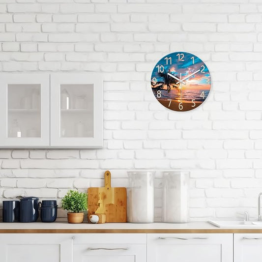 XFM Coastal Blue Clock for Living Room Palm Tree Beach Wall Clock Silent Non-Ticking Glass Big Wall Clock Battery Operated 16 Inch