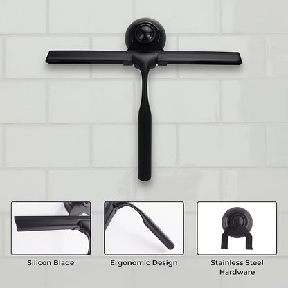 Matte Black Shower Squeegee for Glass Doors with Adhesive Hooks, Squeegee for Shower Glass, Cleaner Tool for Bathroom Household Window Mirror Tile Wall Car, 10 Inch Black