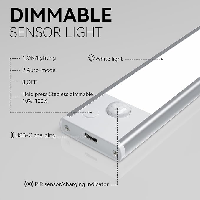 Under Cabinet Lighting, LED Magnetic Motion Activated Under Cabinet Lights, Rechargeable Closet Lights 2500mAh Battery Operated, Wireless Dimmable Under Counter Lights for Kitchen,Hallway 5 Pack