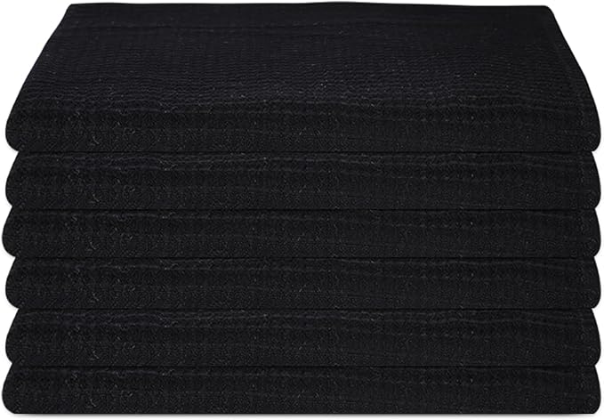 Kitchen Towels Set of 6 Soft Premium Cotton Highly Absorbent Dish Towels 18x28 Inches, Washable & Reusable Tea Towel, Quick Drying Dish Cloths with Hanging Loop - Black Solid