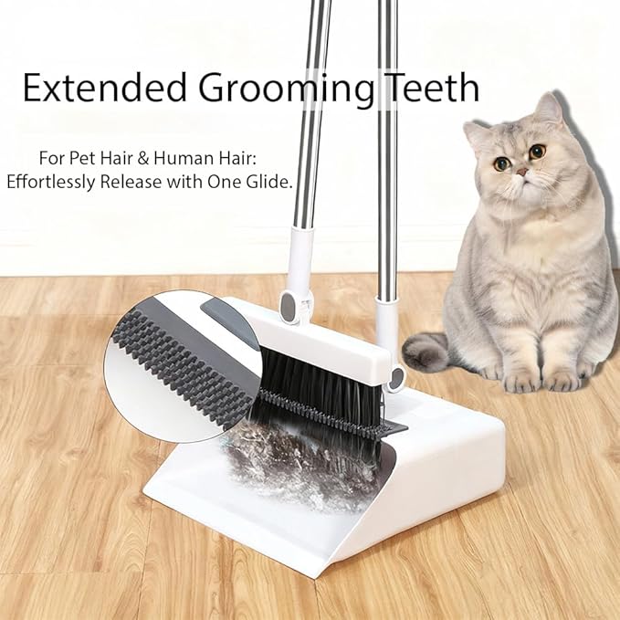 Upgrade Broom with Dustpan Combo Set，Long Handle Self-Cleaning Dust Pan and Brush Set 4-Row Dense Bristles，Indoor Broom Set (White)