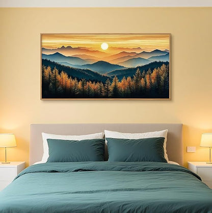 Large Abstract Sunrise Mountain Framed Canvas Wall Art,Boho Nature Forest Wall Decor,Foggy Pine Tree Wall Painting,Retro Landscape Artwork for Living Room,Bedroom,Dining Room,Office - 20"x40"x1
