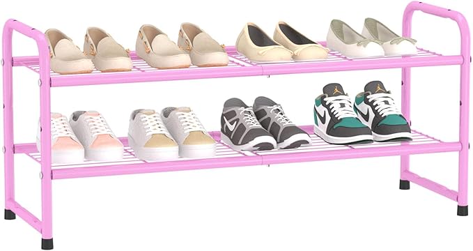 SUFAUY 33" Wide Shoe Rack for Closet, 2 Tier Metal Shoe Organizer Heavy Duty, Stackable, Pink