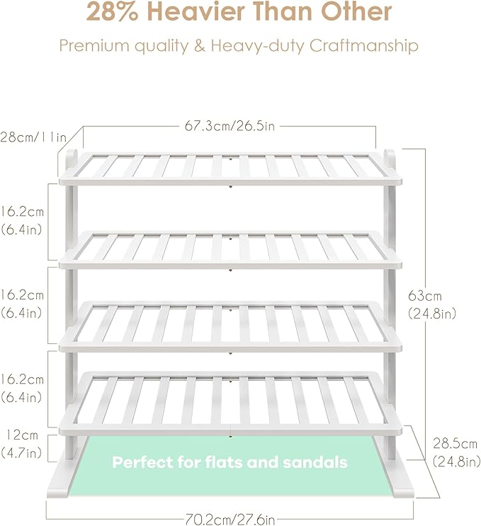 Varhomax White Shoe Rack, 4-Tier Bamboo Shoe Rack Organizer for Closet and Entryway, Thick Wooden Free Standing Shoe Shelf for Small Spaces, Sturdy & Versatile for Bedroom and Garage