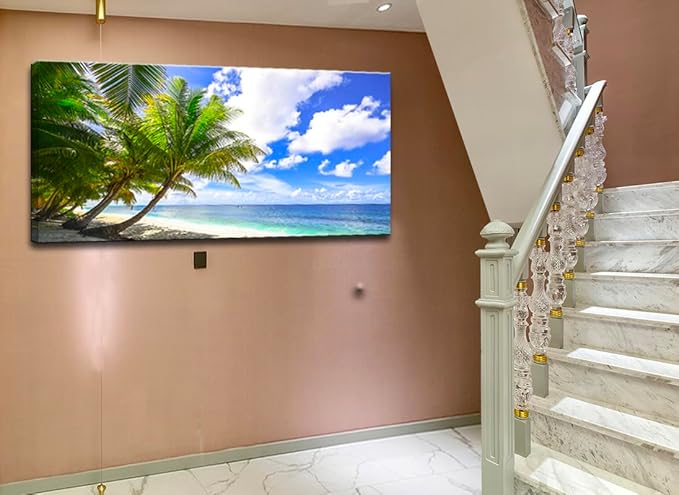 weiyiart Large Canvas Wall Art Blue Ocean Canvas Wall Art Summer Ocean Waves Coconut Trees on Sands Beach Seascape Painting Sea Nature Pictures for Living Room Home Office Wall Decor