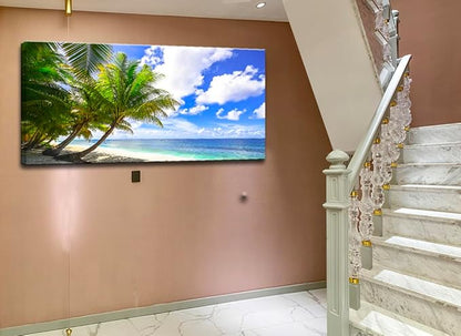 weiyiart Large Canvas Wall Art Blue Ocean Canvas Wall Art Summer Ocean Waves Coconut Trees on Sands Beach Seascape Painting Sea Nature Pictures for Living Room Home Office Wall Decor