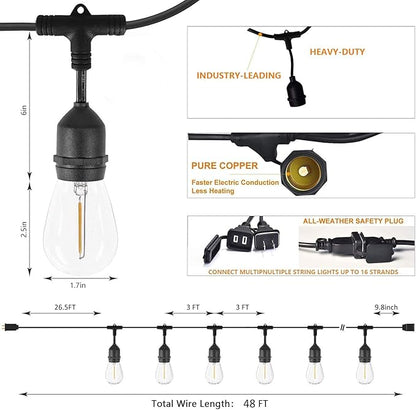 Outdoor String Light 48FT LED Heavy-Duty Patio Lights String Linkable with Shatterproof 15 LED Bulbs for Outside Cafe Porch Market String Lights