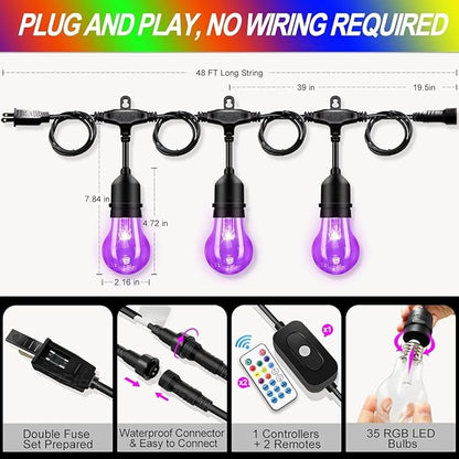 Auroraworld Outdoor Patio Lights Color Changing, 96FT RGB LED String Lights with E26 Shatterproof Edison Bulbs, Dimmable Patio String Lights for Bistro Backyard Garden, 1 Remote Controllers