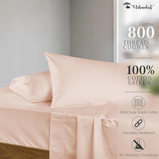 URBANHUT 800 Thread Count Queen Size Egyptian Cotton Sheets Set, 4 Pc Bed Sheet Sets for Queen Size Bedding, Luxury Hotel Sheets Sateen Finish Fits 16" Deep Pocket - Blush Pink