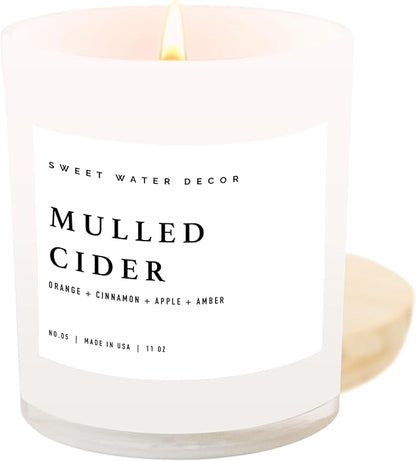 Sweet Water Decor Mulled Cider Soy Candle | Orange | Lemon | Cinnamon | Cranberry | Apple | Cedar | Amber Scented Candle for Home | 11oz White Jar Candle, 50+ Hour Burn Time, Made in The USA