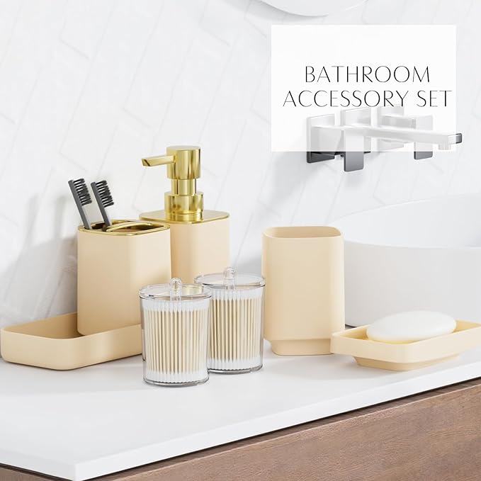 25PCS Bathroom Accessory Set, Beige Bathroom Set with Large-Capacity 4 Gallon Trash Can,Bathroom Rugs Set, Waterproof Shower Curtain, Toilet Brush, Toothbrush Holder & Soap Dispenser