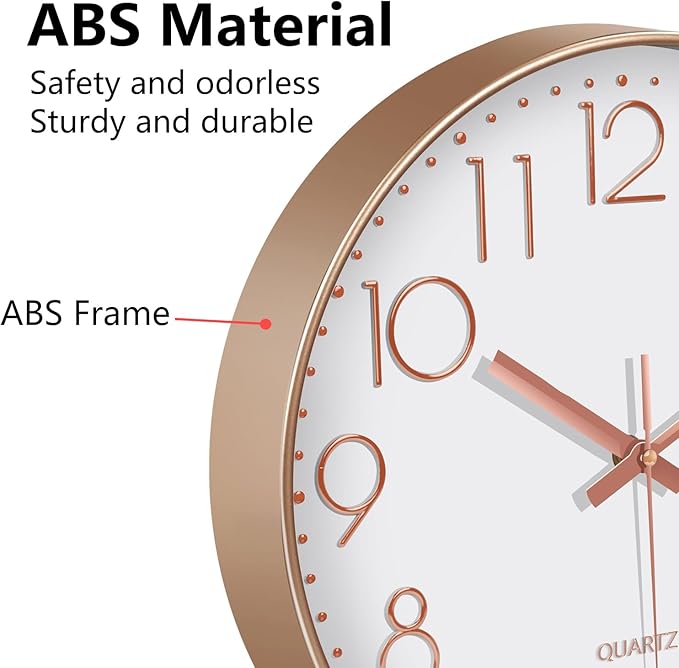 Wall Clock, Silent Wall Clocks Battery Operated 10 Inch- Modern Non Ticking Analog Clock with Large Numerals Tempered Glass Clocks for Bedroom, Living Room, Kitchen, Office Decor, Rose Gold