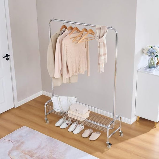 Garment Rack with Basket & Wheels, Rolling Clothes Rack for Hanging, Organizing, and Transporting Clothes at Home or Laundry Room