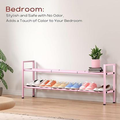 Bumusty 2-Tier Long Expandable Shoe Rack for Closet, 18"-44" Adjustable Shoe Rack for Entryway, 10-12 Pairs Large Shoe Organizer Shelf Storage, Sturdy Metal, Pink