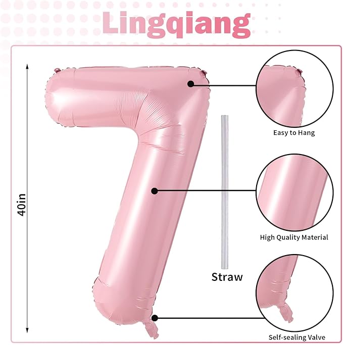 Light Pink Foil Balloon Number 7, 40'' Giant Self Inflating Number Balloons Set 0-9, Large Pastel Pink Number 7 Helium Balloon for Girls 7th Birthday Princess Party Decorations Supplies
