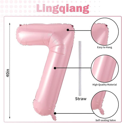 Light Pink Foil Balloon Number 7, 40'' Giant Self Inflating Number Balloons Set 0-9, Large Pastel Pink Number 7 Helium Balloon for Girls 7th Birthday Princess Party Decorations Supplies