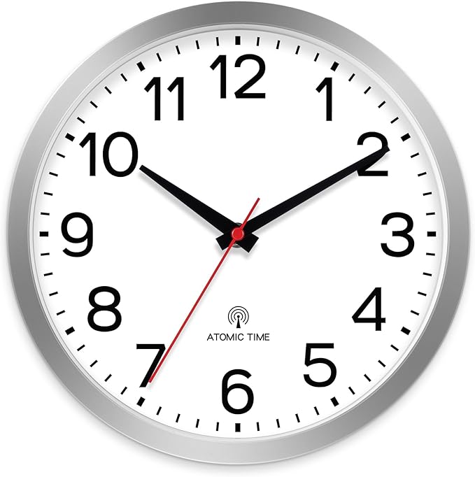 AKCISOT Atomic 10 Inch Wall Clock Analog Clocks for Indoor Kitchen, Battery Operated Clock for Bedroom Office Classroom Living Room(Silver)
