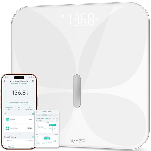 Wyze Smart Scale X Butterfly - Bathroom Scale for Body Weight, BMI, Body Fat, Muscle Mass, Accurate Bluetooth Digital Scale for Body Composition Analyzer | Sync Health Apps | ITO Glass, 400 lbs, White
