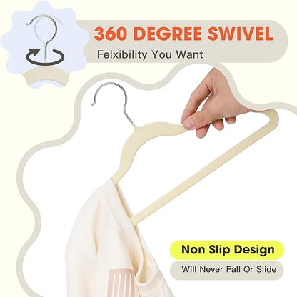 Kids Hangers 50 Pack,14 Inch Kids Velvet Hangers Slim & Space-Saving,Baby Clothes Hangers with 360 Swivel Hook,Heavy Duty Hanger for Infant & Childrens Coats, Pants,and Dress(Beige)