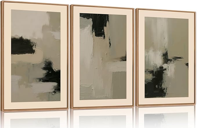 HLNIUC Abstract Neutral Wall Art, Minimalist Black Tan Canvas Wall Decor, Modern Paint Stroke 16"x24" Framed Art Set of 3, Earth Tone Shapes Prints for Living Room, Bedroom, Office