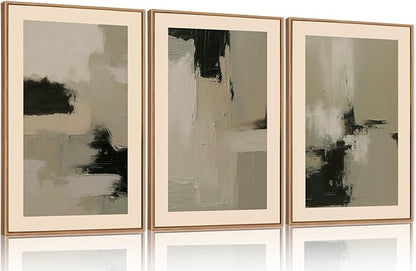 HLNIUC Abstract Neutral Wall Art, Minimalist Black Tan Canvas Wall Decor, Modern Paint Stroke 16"x24" Framed Art Set of 3, Earth Tone Shapes Prints for Living Room, Bedroom, Office