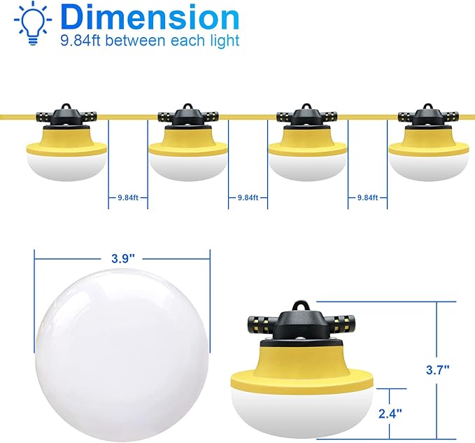 New Upgrade 50FT Construction String Lights LED Industrial Grade Best for Construction Sites,Renovation, Walkways,Patio,Mine cave,Outdoor Lighting Solutions Use,Free for Climbing Hook 3Prong