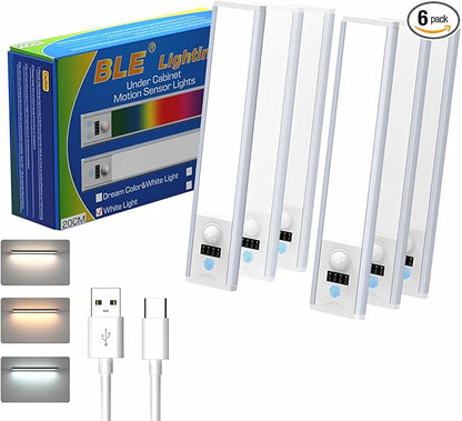Under Cabinet Lights,6 Pack LED Motion Sensor Light Indoor,3 Color Rechargeable Closet Lights Battery Operated, Magnetic Dimmable Cordless Under Counter lightsing for Kitchen, Stairs