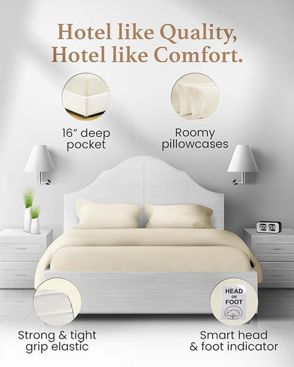 1000 Thread Count Egyptian Cotton Sheets King Size, 4 Pc Luxury Sheets Set, Long Staple 100% Cotton Sheets for King Size Bed, 16" Deep Pocket Hotel Style Sheets, Sateen Sheets King, Ivory