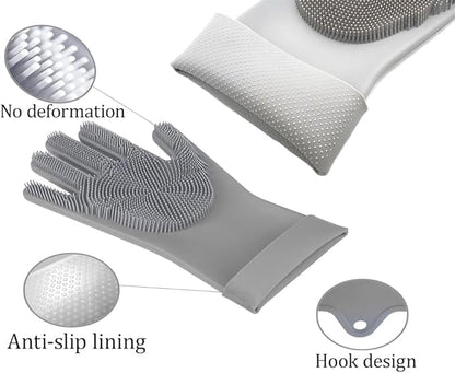2 pairs Silicone Dishwashing & Pet Grooming Gloves - 2-in-1 Heat Resistant Gloves with High-Density Teeth, Enhanced Five Finger Design for Bathing, Cleaning Dishes, Cars, Dogs & Cats (Gray)