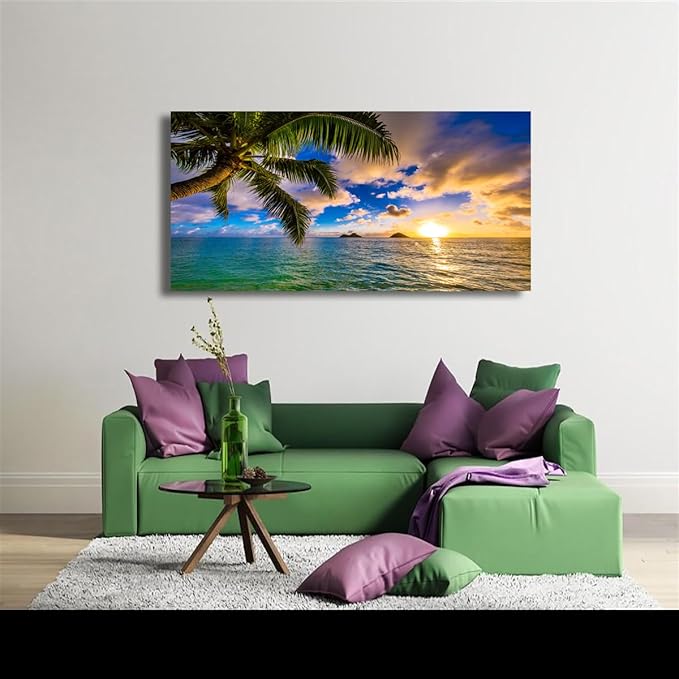 Seascape Sunset Pictures Canvas Wall Art For Living Room Bedroom Wall Decor,Palm Wall Art Print Paitnings For Home Decor,Morden Artwork Coconut Tree Canvas Art Waterproof Ready To Hang-24x48 Inches