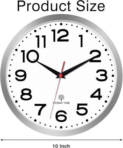 Atomic Wall Clock 10 Inch, Modern Clock Battery Operated Classic Analog Decorative for Kitchen, Living Room, Office, Bedroom, Bathroom (Silver)