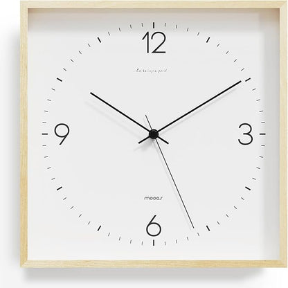 mooas Wooden Frame Flatwood Wall Clock,12" Non-Ticking Sweep Movement Decorative Wood Battery Operated Wall Clock for Home Living Room Kitchen Bedroom Office School Cafe (Light Brown)
