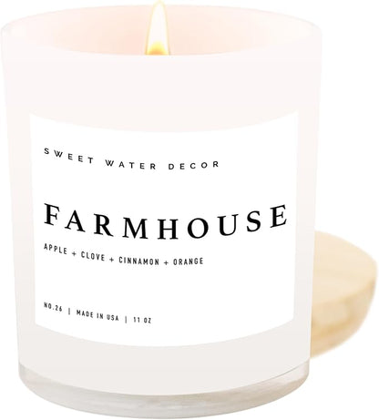 Sweet Water Decor Farmhouse Candle | Autumn, Cinnamon, and Nutmeg, Fall Scented Soy Candles for Home | 11oz White Glass + Wood Lid, 50+ Hour Burn Time, Made in The USA