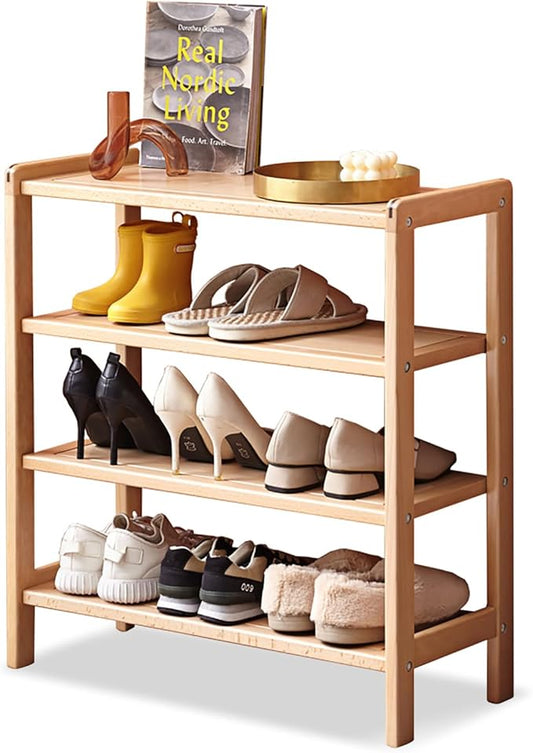 4 Tier Solid Wood Shoe Rack, Free Standing Shoe Rack for Entryway, Hallway, Closet, Living Room, Beech Wood, 11.02" x 25.6" x 27.56", Natural