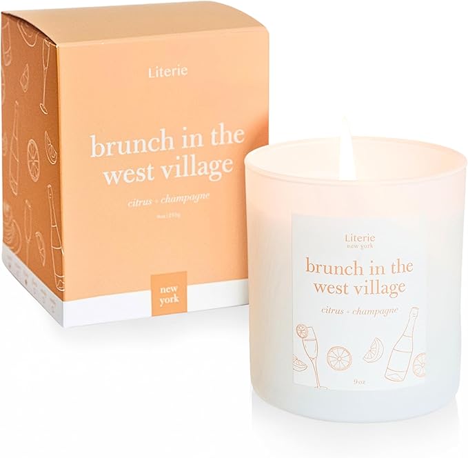 Literie NYC Inspired Scented Candle: Brunch in The West Village - Citrus & Champagne, 9oz, 50 Hour Burn, Vegan Soy & Coconut Blend Candle for Home Decor, Gift for Women & Men