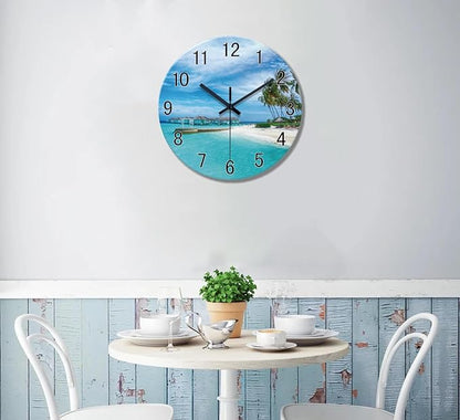 XFM Beach Wall Clock Battery Operated 14 Inch Blue Ocean Wall Clocks Silent Coastal Nautical Clock Decorative for Bathroom Kitchen Living Room Office