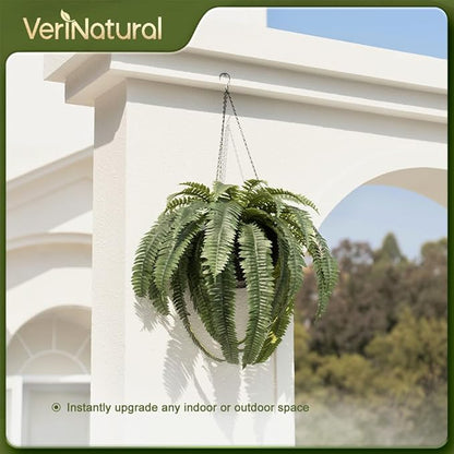 48" Artificial Boston Fern Hanging Plants with Basket - UV Resistant Fake Plant for Outdoor Indoor - Large Realistic Faux Greenery for Front Porch, Front Door, Patio Decor, Set of 1, VN142