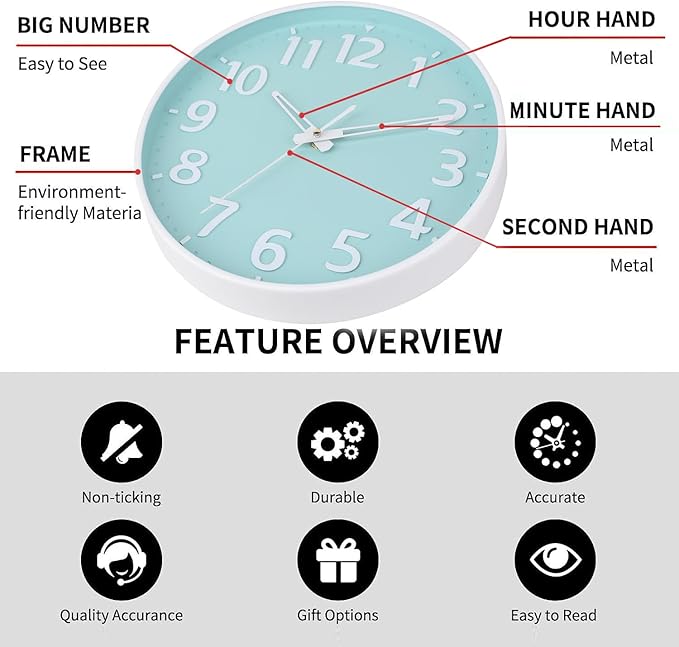 Wall Clock 12 Inch 3D Large Number Battery Operated Silent Non-Ticking Wall Clock Modern Quartz Design Decorative Indoor Bedroom Kitchen Office Classroom Mint Green