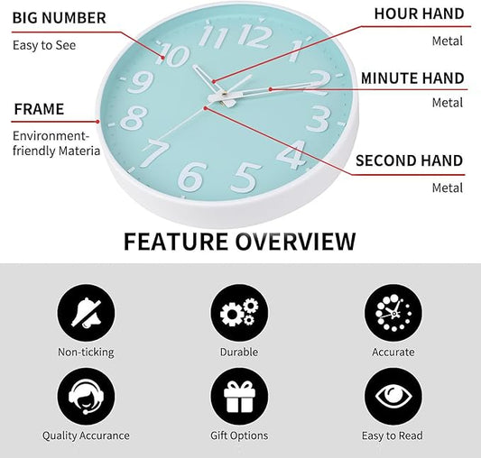 Wall Clock 12 Inch 3D Large Number Battery Operated Silent Non-Ticking Wall Clock Modern Quartz Design Decorative Indoor Bedroom Kitchen Office Classroom Mint Green