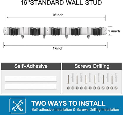 IMILLET 2 Pack Wall Mount Broom Holder Stainless Steel 5 Racks with 4 Hooks Broom Organizer Self Adhesive Heavy Duty Laundry Room, Garage Organization Storage