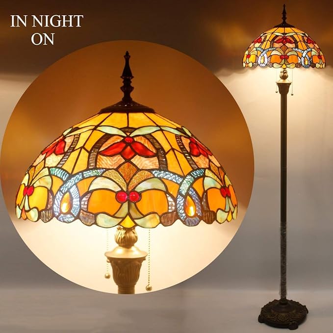 WERFACTORY Tiffany Floor Lamp Orange Liaison Stained Glass Standing Reading Light 16X16X64 Inches Antique Pole Corner Lamp Decor Bedroom Living Room Home Office S617 Series
