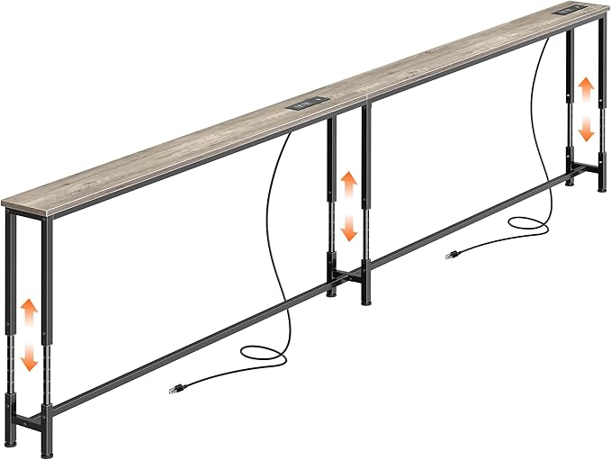 Huuger 102.4 Inch Sofa Table with Power Outlets, 23.9’’-34.4’’ Height Adjustable Range, Behind Couch Table with USB-C Ports, Sofa Tables Narrow Long, Skinny Console Table, Small Spaces, Oak