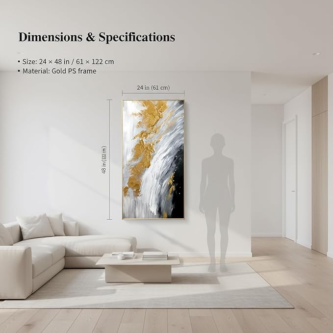 Hand-Painted Black and White Abstract Oil Painting on Canvas for Entrance-Hall, Framed Gold Wall Art for Living Room,Large 3D Wall Picture for Bedroom Kitchen Home Decoration 24x48inch