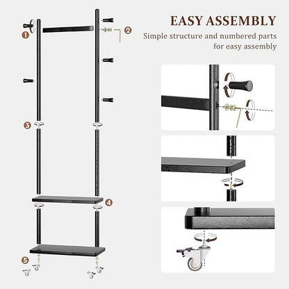 Coat Rack Freestanding Clothing Rack with Wheels & 2 Shelves Storage & 5 Hooks Heavy Duty Clothes Rack Wood Coat Tree Stand Hat Hanger Rack for Corner Bedroom Entryway Living Room Hotel Size L