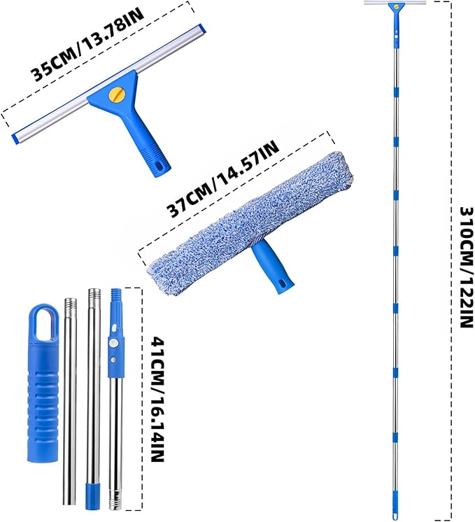 Professional Window Cleaning Kit, 2-in-1 Window Squeegee with 122" Extension Poles, Suitable for Indoor & Outdoor Windows, High Glass, High Windows, Multi-Purpose Car Windshield Cleaning