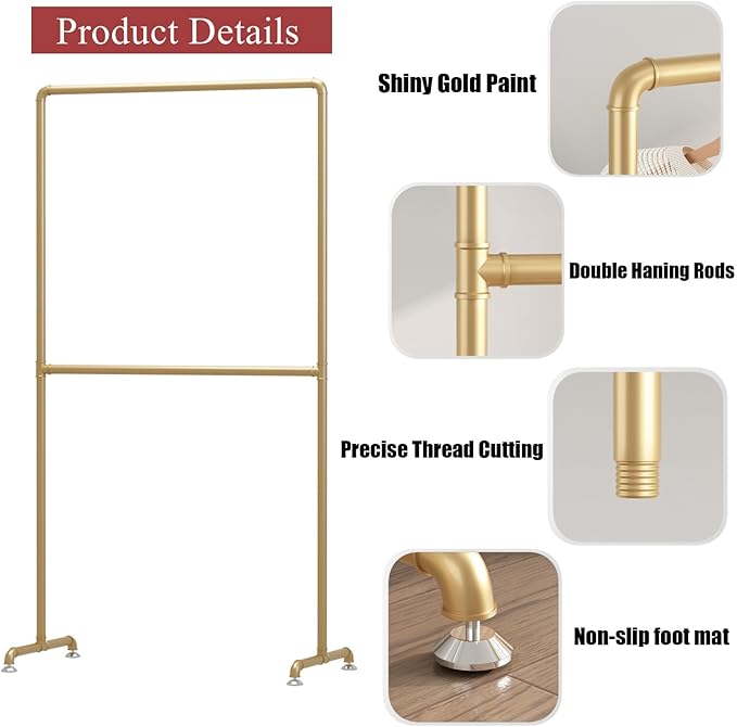 Industrial Pipe Clothing Rack, Heavy Duty Metal Clothes Rack with Double Rods, Freestanding Garment Rack for Bedroom Boutique Retail Use (gold)